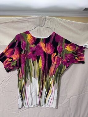 Joseph Magenta Floral Watercolor Short Sleeve Knit Top with Green Accents